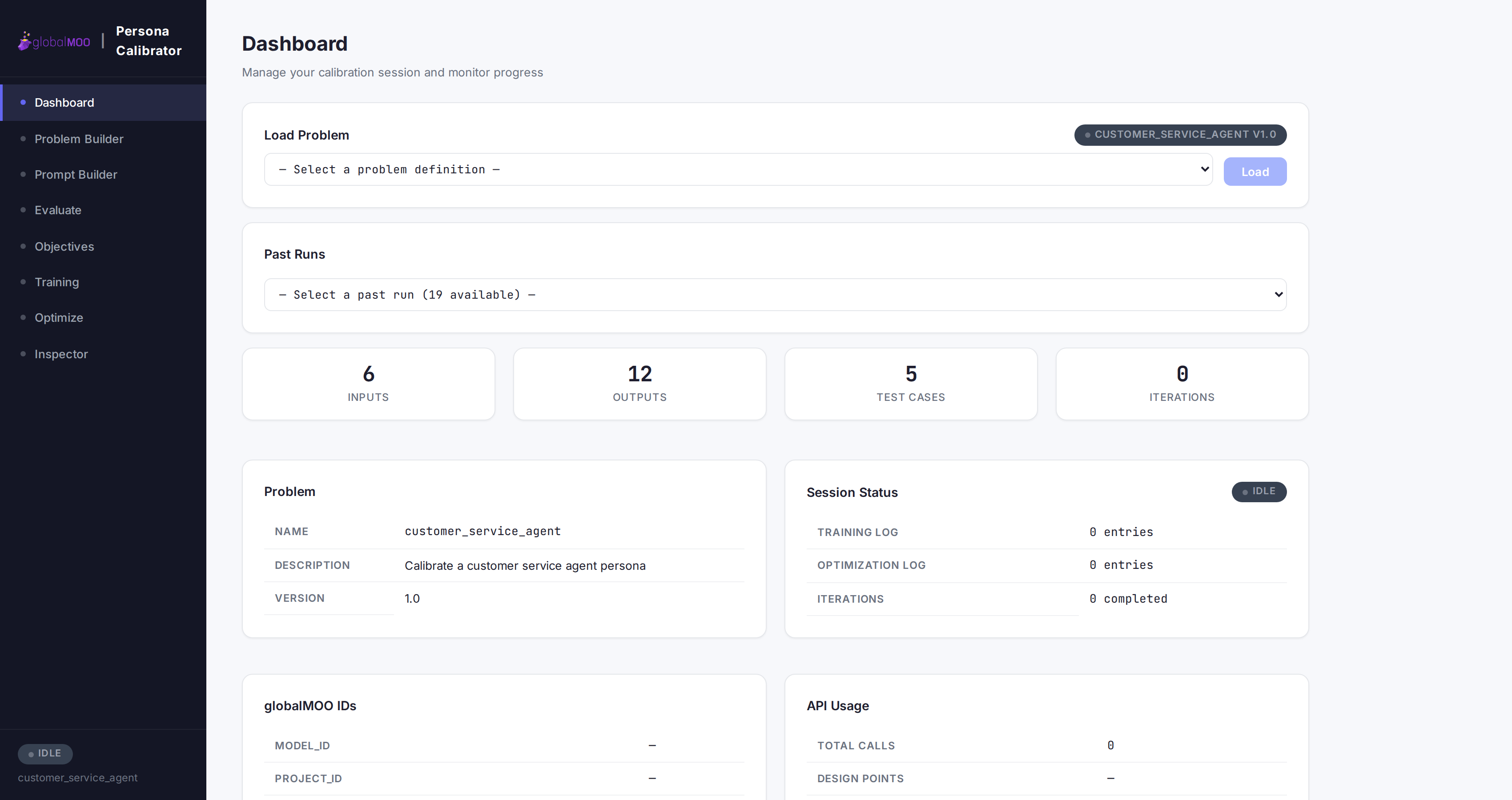 Persona Calibrator dashboard showing session state, input/output counts, test cases, iterations, and globalMOO IDs at a glance